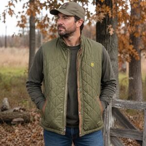 Heybo Outdoors Quilted Vest Olive Green Brown Trim Hunting Sporting Men's Large
